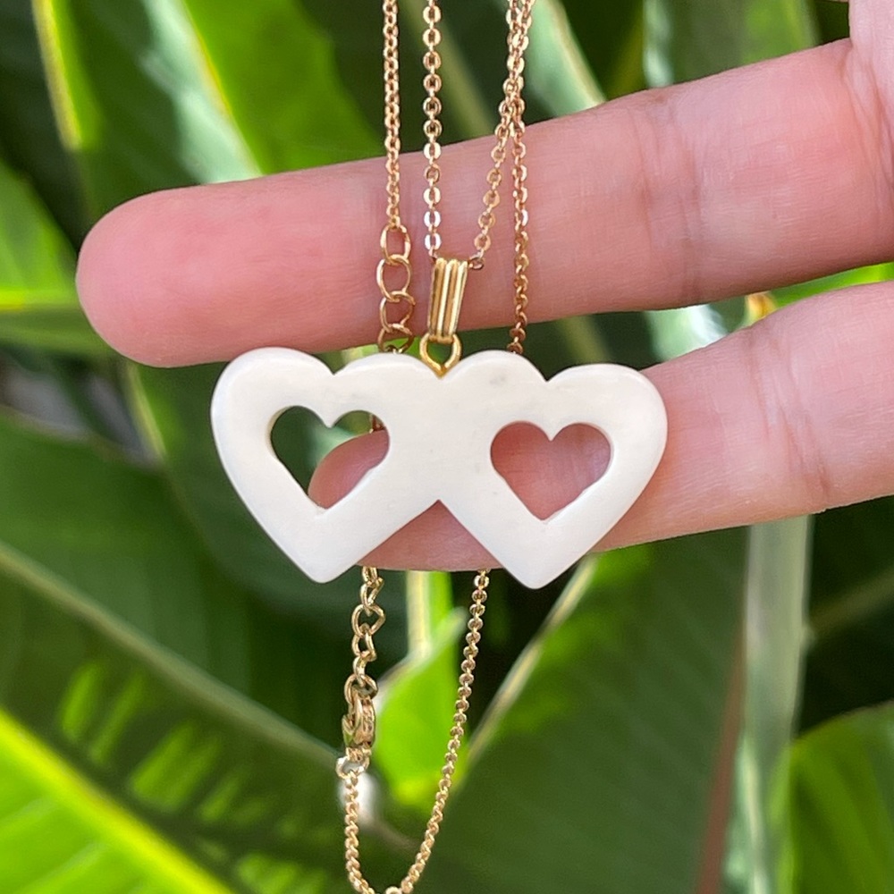 Hand carved ox bone two hearts pendant and chain
